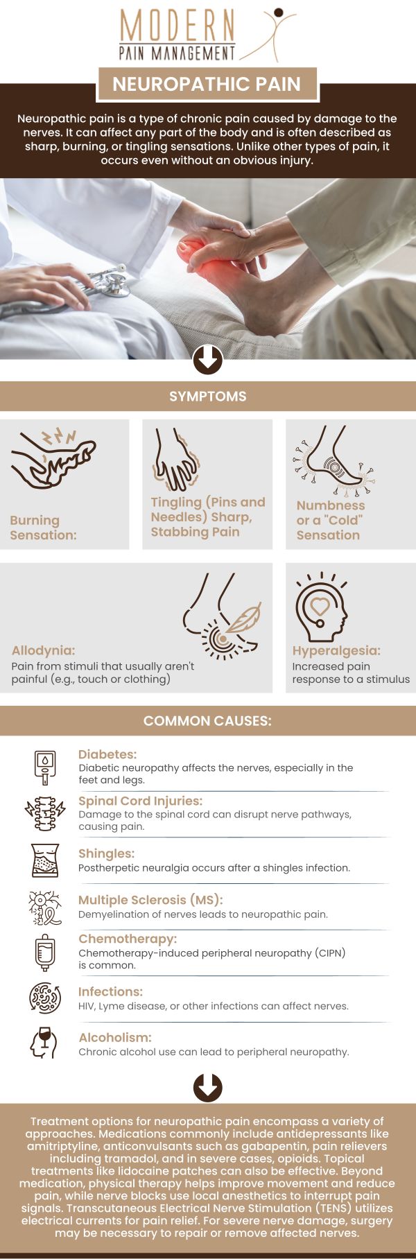 Neuropathic pain is often characterized by a burning, shooting, or stabbing sensation that may be accompanied by numbness or tingling. Unlike other types of pain, it can occur spontaneously and be triggered by light touch or even temperature changes. Consult Dr. Atallah, DO, and his experienced team of healthcare professionals for a thorough evaluation which is crucial in accurately diagnosing and managing neuropathic pain. For more information contact us or book an appointment online. We have convenient locations to serve you in Houston TX and Sugar Land TX.