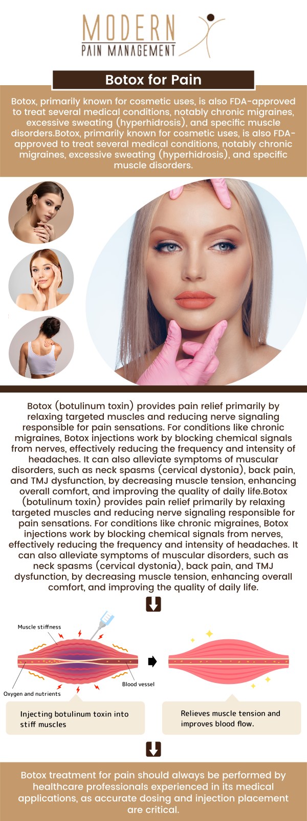 At Modern Pain Management, we offer Botox Therapy for Pain as a safe and effective treatment option for managing chronic pain conditions such as migraines, neck pain, and muscle spasms. Led by Dr. George Atallah, DO, a skilled interventional pain management specialist, Botox injections target pain-causing muscle contractions and provide long-lasting relief. Learn how Botox can help you manage your pain at Modern Pain Management. For more information, contact us or book an appointment online today. We are located at 902 Frostwood Dr #235, Houston, TX 77024.