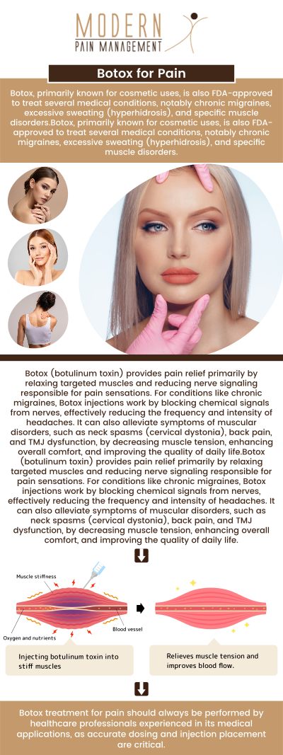 At Modern Pain Management, we offer Botox Therapy for Pain as a safe and effective treatment option for managing chronic pain conditions such as migraines, neck pain, and muscle spasms. Led by Dr. George Atallah, DO, a skilled interventional pain management specialist, Botox injections target pain-causing muscle contractions and provide long-lasting relief. Learn how Botox can help you manage your pain at Modern Pain Management. For more information, contact us or book an appointment online today. We are located at 902 Frostwood Dr #235, Houston, TX 77024.