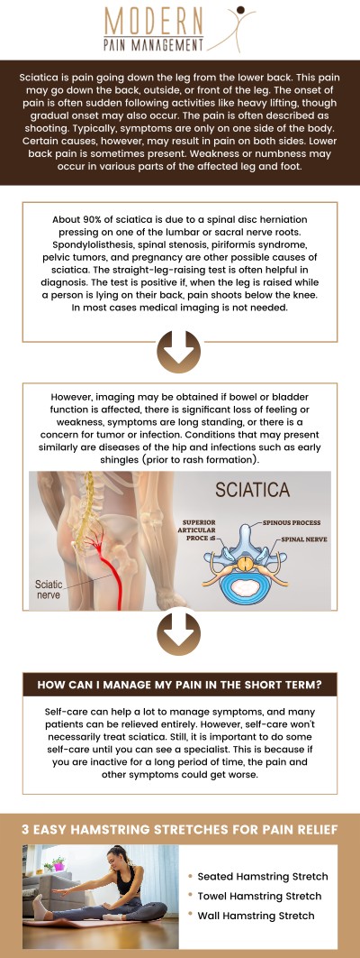Sciatica is a painful condition caused by irritation or compression of the sciatic nerve, the largest nerve in the body. This often happens due to a herniated disc, a bone spur, or spinal narrowing. Symptoms include sharp pain, numbness, tingling, or weakness along the nerve path from the lower back to the legs. Visit Dr. George Atallah, D.O., at Modern Pain Management Clinic for early intervention that can help reduce pain and restore function. Contact us or book an appointment online today for more information. We have convenient locations to serve you in Houston TX and Sugar Land TX.