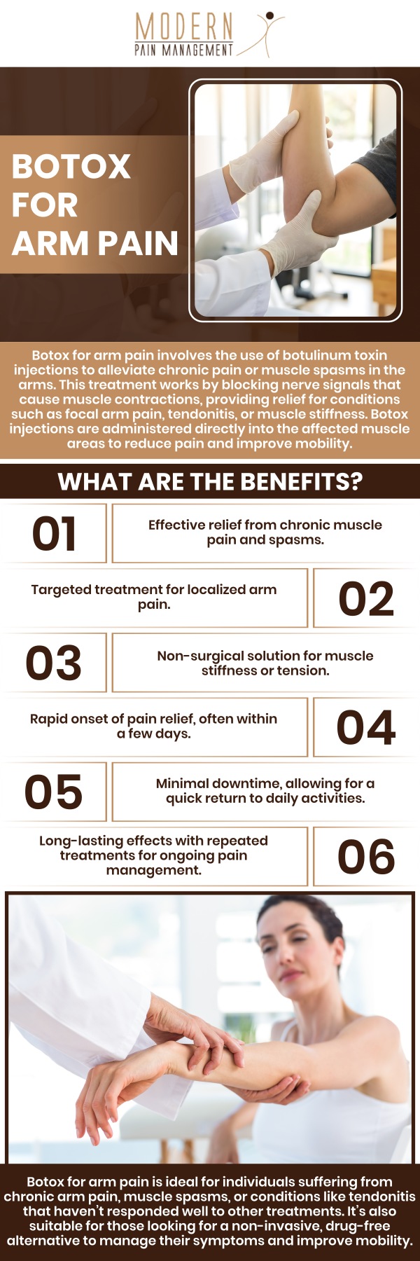 If you are suffering from arm pain, then visit Dr. Atallah, D.O, at Modern Pain Management and get treated for your pain with Botox. You will see the results in the form of an improved range of motion and pain relief. For more information, contact us or book an appointment online today. We are located at 902 Frostwood Dr #235, Houston, TX 77024. If you are suffering from arm pain, then visit Dr. Atallah, D.O, at Modern Pain Management and get treated for your pain with Botox. You will see the results in the form of an improved range of motion and pain relief. For more information, contact us or book an appointment online today. We are located at 902 Frostwood Dr #235, Houston, TX 77024.